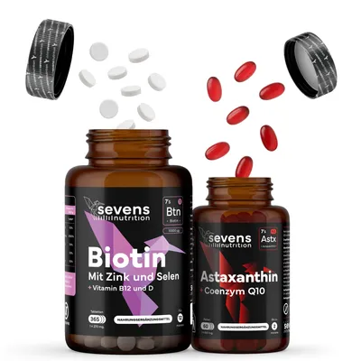 Produktbild von Biotin 10.000 mcg 365 Tabletten mit Zink & Selen + Astaxanthin 8 mg 60 Softgel Kapseln mit Q10 – Set – Sevens Nutrition