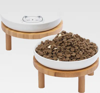 Produktbild von Keramik Katzennapf Erhöht, 15 cm Breite, Erhöhter Katzennapf aus Keramik mit Bambusständer, Schnurrhaarfreundliche Katzen Futternapf, Futterstation Katze, Fressnapf Kätzchen(2er-Set)
