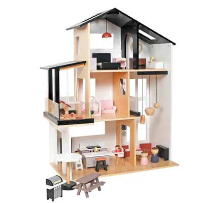 Produktbild von Modernes Puppenhaus Stadtvilla mit 49-tlg. Möbelset aus Holz