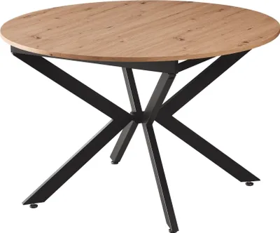 A round wooden table with a black criss-cross base.