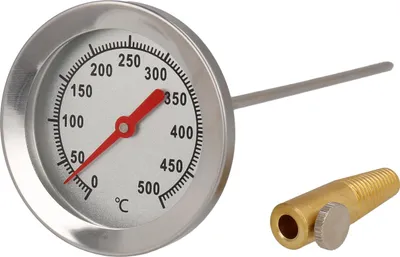 A stainless steel grill thermometer with a red pointer and a brass fitting. The thermometer has a dial with temperature markings in degrees Celsius.