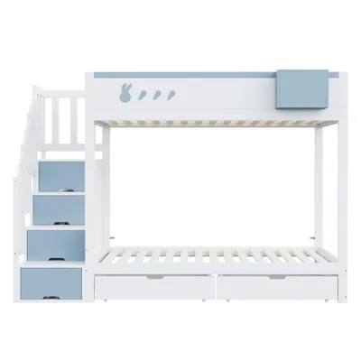 Zdjęcie produktu dla Łóżko piętrowe dla dzieci 90 x 200 cm, z motywami królików i marchewek, z wyjmowaną półką, bezpieczną drabinką, szufladami, stelażem z listew, biało-niebieskie