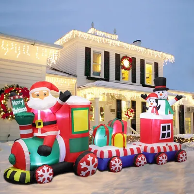 Productafbeelding van 240 cm opblaasbare kersttrein met kerstman sneeuwpop pinguÃ¯n - Opblaasbare Kerstdecoratie - Ingebouwd LED-licht - Tuin