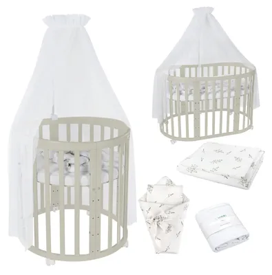 Produktbild von Waldin Babybett OWAL Kinderbett 7in1 mit Matratze, mitwachsendes Kinder-Bett,Stoffe Weiß Zweige,Holz olive