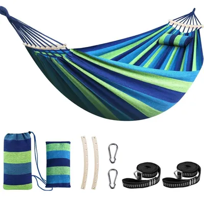 Productafbeelding van Hangmat van katoen, blauw/groen gestreept, 270x150 cm, draagvermogen 300 kg, met spreidstok en kussen