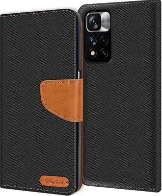 A black flip case for a smartphone is shown open, revealing the phone's camera module.