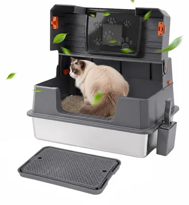 Immagine prodotto di Lettiera per gatti in acciaio inossidabile, dimensioni 71 x 51 x 43 cm, lettiera semi-chiusa con coperchio pieghevole a 90°, capacità 20 litri, filtro a carbone attivo, colore grigio/nero