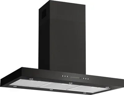 A black kitchen range hood against a white background.