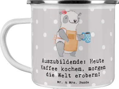 Produktbild von Mr. & Mrs. Panda Teetasse Auszubildender Abenteuer - Grau Pastell - Geschenk, Emailletasse, Auszubildende, Teebecher, becher emaille, Berufsliebe, Anerkennung, Beruf