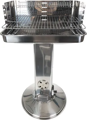 Produktbild von Säulengrill mit 5-fach höhenverstellbarem Grillrost, 2 Klapp-Haltegriffen, Warmhalterost, Windschutz und Ascheschublade, rostfreier Edelstahl