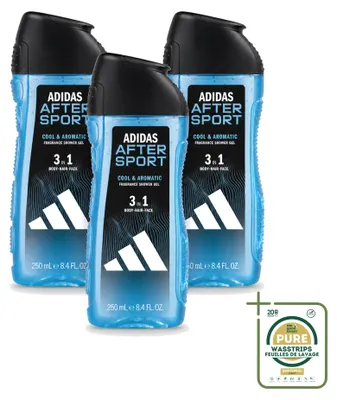 Immagine prodotto di 3 confezioni di gel doccia e shampoo 2-in-1 Adidas After Sport - 250 ml ciascuna - confezione risparmio - 3 pezzi