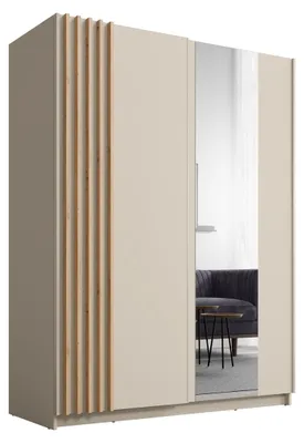 Image de Armoire VARIA 150 cm cachemire et chêne avec miroir et portes coulissantes