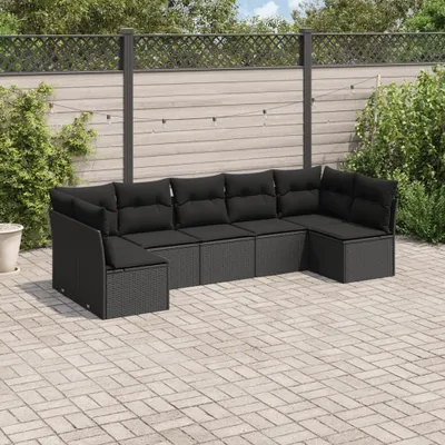 Produktbild von Design 7-tlg. Garten-Sofagarnitur mit Kissen Schwarz Poly Rattan, Gartenmöbel-Sets 2024 Neu