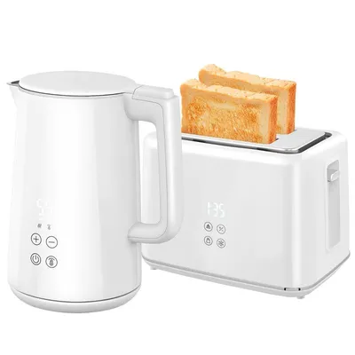 Image de Ensemble bouilloire et grille-pain Fortuna Lai Bouilloire 1,5 l 2 tranches de pain 2200 W Ensemble petit-déjeuner avec 7 niveaux de brunissage, fonction décongélation et réchauffage, arrêt automatique et affichage LED, blanc