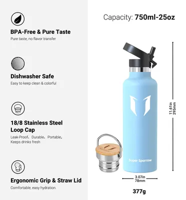 Immagine prodotto di Borraccia Super Sparrow in acciaio inossidabile - 750 ml - Borraccia termica perfetta per la corsa, il fitness, lo yoga, le attività all'aperto e