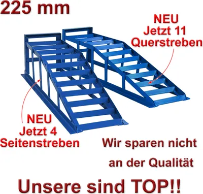 Two blue metal ramps for vehicles are shown against a white background, with text overlays highlighting features.
