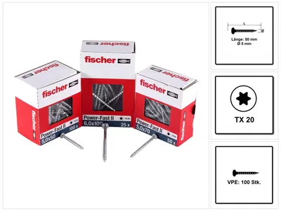 Obrázok produktu pre Fischer Power-Fast II FPF II skrutka do drevotriesky 5,0x50 mm 100 kusov ( 670439 ) Pan s plným závitom Torx pozinkovaná, modro pasivovaná