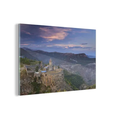 Obrázek produktu pro MuchoWow® Obrazy na skle - Nástěnné obrazy - Fotografie na skle Východ slunce v arménském klášteře 120x80cm Nástěnná dekorace ze skla - akrylová malba na sklo -