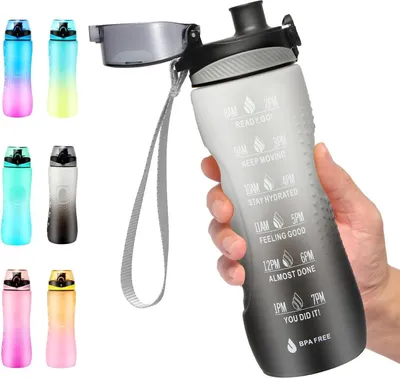 Immagine prodotto di Binudum Bottiglia per bere Bottiglia d'acqua sportiva motivazionale con indicatore del tempo Grigio Nero 25 oz 750ml