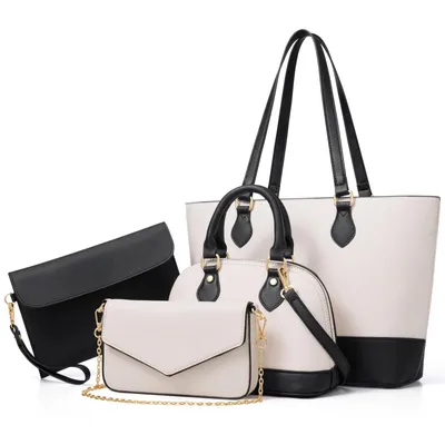 Produktbild von MODFU 4 tlg Umhängetasche Schultertasche mit Reißverschlüsse Shopper Tasche ,Handtasche Groß Schultertasche Kunstleder, Schwarz+Weiß