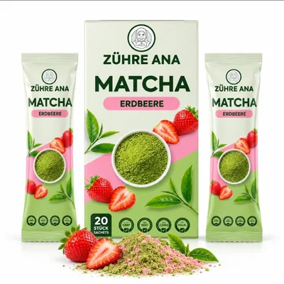 Produktbild von Matcha Erdbeere – Premium Matcha Grüntee Getränkepulver mit Erdbeere – 20 Portionsbeutel – 160 g – Zühre Ana