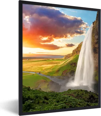 Produktbild von MuchoWow® Gerahmtes Poster Wasserfall - Felsen - Sonnenuntergang - Berge - Orange 60x80 cm - Poster mit Schwarzem Bilderrahmen Wandposter Rahmen Foto Bilder - Premium - Wanddeko Wohnzimmer