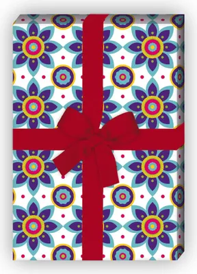 Produktbild von Sternen Blüten Geschenkpapier im Retro Stil der 70er, lila - G8226, 32 x 48cm