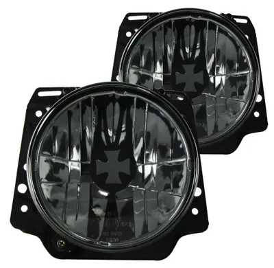 Für VW Golf 2 II MK2 Scheinwerfer Klarglas Schwarz Smoke mit Iron Cross Cap in der Farbe Schwarz von Jom Car-Parts GmbH
