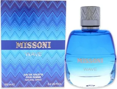 A bottle of Missoni Wave Eau de Toilette and its packaging are displayed side-by-side against a white background.