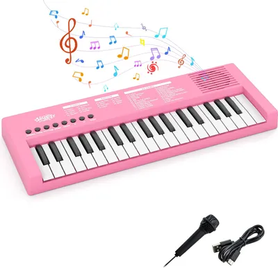 A pink toy keyboard with musical notes floating above it, and a microphone and USB cable below.