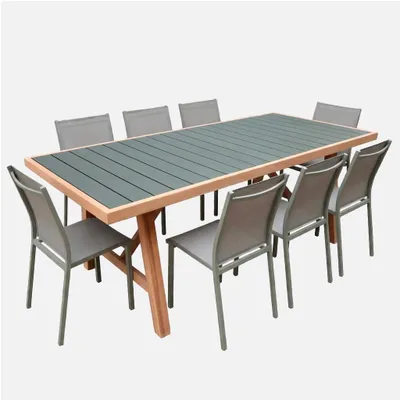 Produktbild von sweeek - Gartentisch aus Akazienholz und Aluminium + 8 Stühle - Khaki
