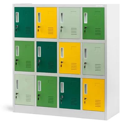 Produktbild von Jan Nowak Schließfachschrank 4B3A Werfachschrank Fächerschrank Umkleideschrank mit 12 Fächern Metall Pulverbeschichtung 120 cm x 110 cm x 45 cm grau-grün-gelb
