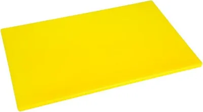A bright yellow cutting board is shown from a slightly elevated angle against a white background.