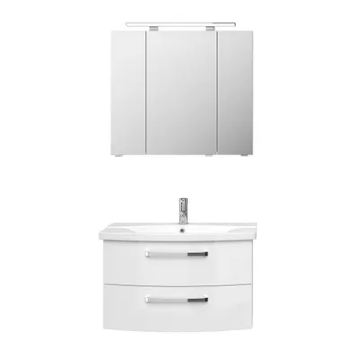 Produktbild von Badezimmer Waschplatz FES-4010-66 mit Waschtisch und Spiegelschrank in weiß glänzend - B/H/T: 84/175/46cm