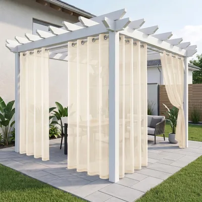 Image de Rideau extérieur Transparent Imperméable à l'eau Protection solaire Protection visuelle Rideaux d'extérieur avec œillets, 1 pièce, Beige, L132xH213cm