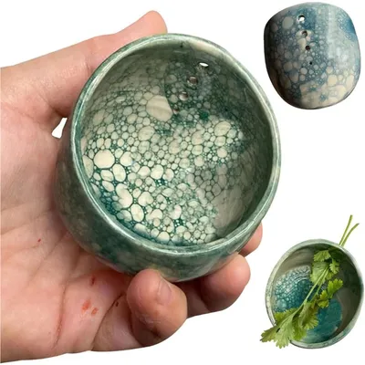 A hand holding a green and white ceramic bowl with a bubbly texture, with two other views of the bowl in the background.