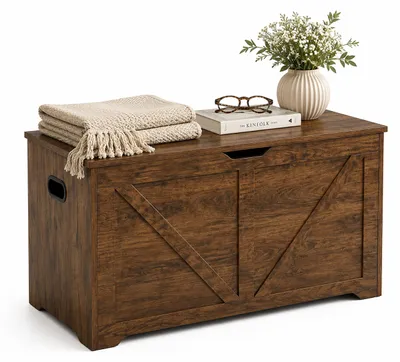 Productafbeelding van Relaxdays Zitbank met opbergruimte, deksel, hoogte x breedte x diepte: 46 x 100 x 40 cm, 2 veiligheidsscharnieren, MDF, kistenbank, vintagebruin