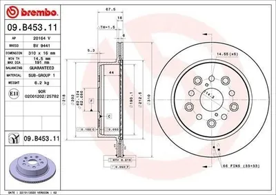 Produktbild von 2x BREMBO Bremsscheibe 09.B453.11 für LEXUS LS (UCF30) LS (UCF20) 68mm 310mm