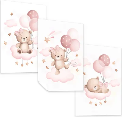 Produktbild von Muralo Poster Set für Kinderzimmer TEDDYBÄREN Ballons Wolken Sterne 3x Poster 21x30cm