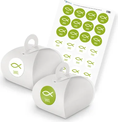 Produktbild von itenga SET Fisch Grün Danke (Motiv 89) 24x Geschenkschachtel Griff weiß +Sticker