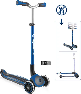 Produktbild von GLOBBER MASTER LIGHTS - Detská kolobežka, 125/80 mm, ABEC 5, 3 kolieska, výškovo nastaviteľná, svetelné LED kolieska, tmavomodrá