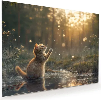 Produktbild von Glasbild 120x90cm in XXL für Wohnzimmer, Schlafzimmer Motiv Katze mit Marienkäfer