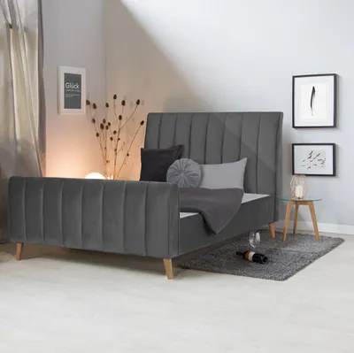 Produktbild von Homestyle4u Polsterbett 140x200 mit Lattenrost Grau Anthrazit Samt Bett Doppelbett Stoffbett