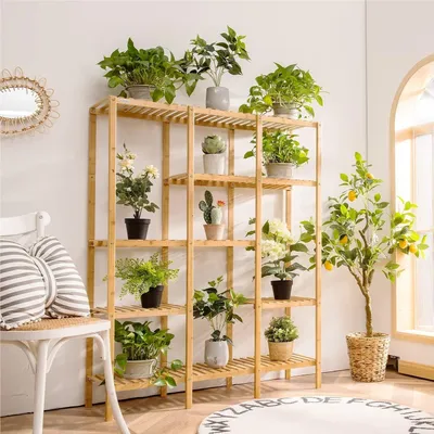Immagine prodotto di Porta piante in bambù - Supporto per piante - Porta fiori - Scala per piante - Mobiletto per piante - 5 ripiani