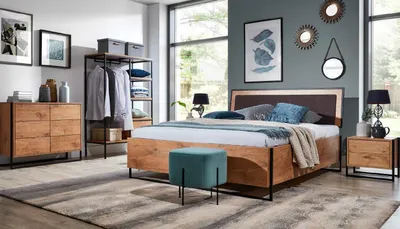 Produktbild von 5 tlg. Komplett Set Holz Schlafzimmer Loft Stil Design Bett Kommode Schrank