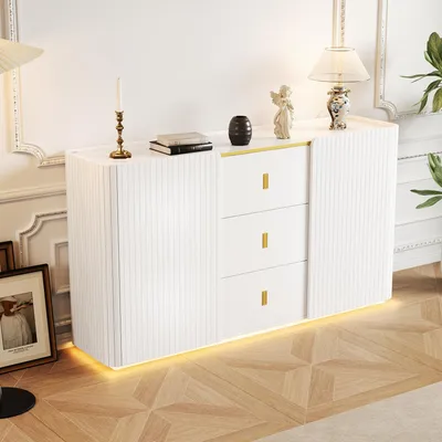 Obrázek produktu pro STILVORA Komoda s LED osvětlením, skříň do obývacího pokoje, úložná skříň se 3 zásuvkami, přídavná skříň do obývacího pokoje, ložnice a chodby, bílá