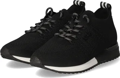 A pair of black sneakers with white soles and laces, shown from a slightly elevated side angle against a white background.
