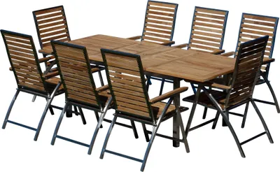 Produktbild von ALEOS. Gartengarnitur Edelstahl & A-Grade Teak - Ausziehtisch 160-220 x 90 cm + 8 Hochlehner klappbar - Sitzgruppe Premium Gartenmöbel Set wetterfest- Gartenmöbel Set 8 Personen Teak Holz