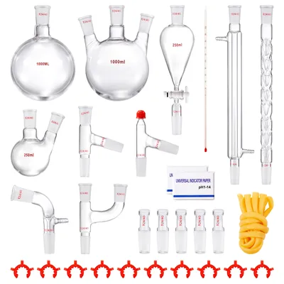 Produktbild von VEVOR Labor-Destillationsset, 3,3-Boro-Laborglas-Destillationsset mit 24- und 40-Verbindungen, 1000-ml-Destillationsgeräte-Set für ätherische Öle, 29-teiliges Set mit Glaswaren