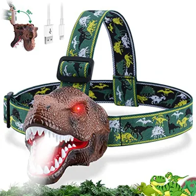 Obrázok produktu pre LED čelovka s dinosaurami pre deti - dobíjateľná cez USB, nastaviteľná čelenka, kempingová baterka pre chlapcov, dievčatá a dospelých